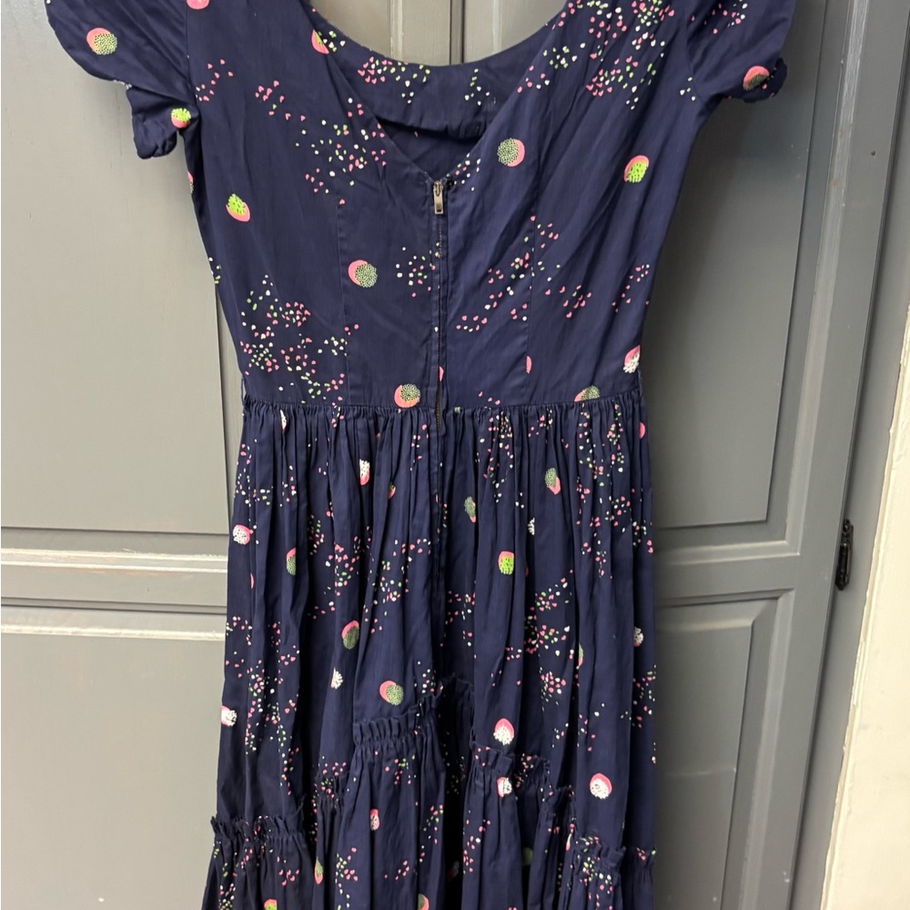 Navy Blue Midi Dress with Floral Accents
